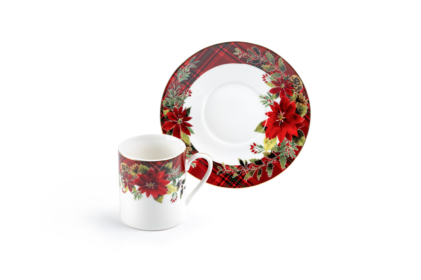 Poinsettia Pine Cone 3oz Demitasse Cups and Saucers with Gift Box