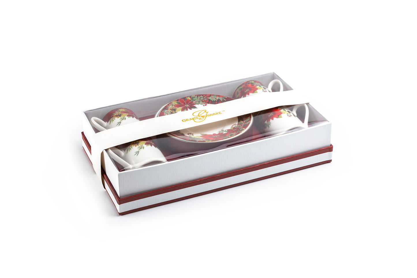 Poinsettia Pine Cone 3oz Demitasse Cups and Saucers with Gift Box