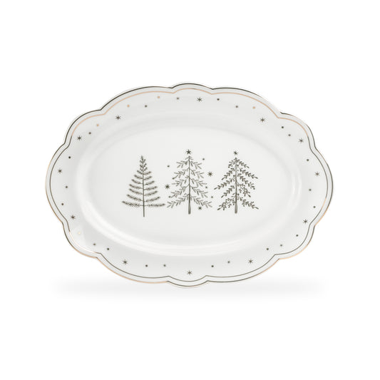 14" Holiday Gold Pine Fine Porcelain Oval Serving Platter