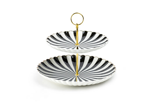 Black and White Stripe Scallop Fine Porcelain 2-Tier Server