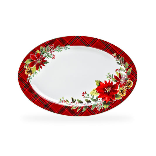 14" Poinsettia Pine Cone Fine Porcelain Oval Serving Platter
