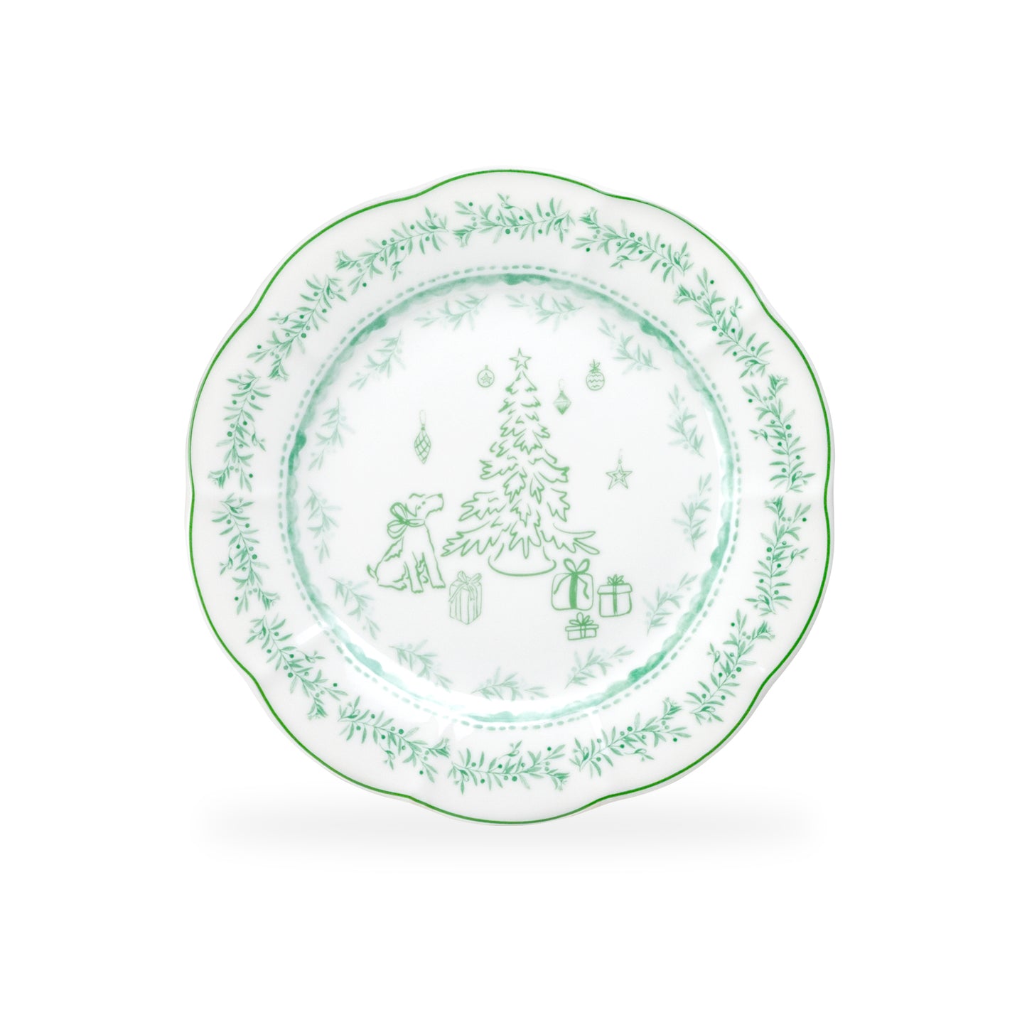 Festive Pup and Tree Fine Porcelain Dessert/Dinner Plate