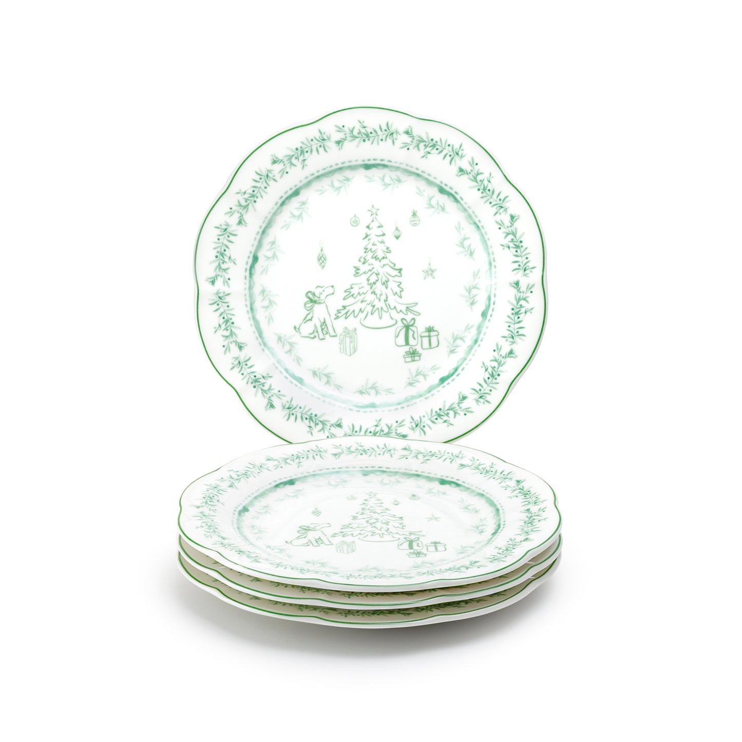 Festive Pup and Tree Fine Porcelain Dessert/Dinner Plate