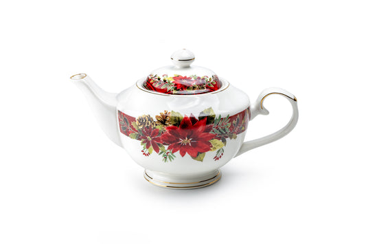 Poinsettia Pine Cone Fine Porcelain Teapot