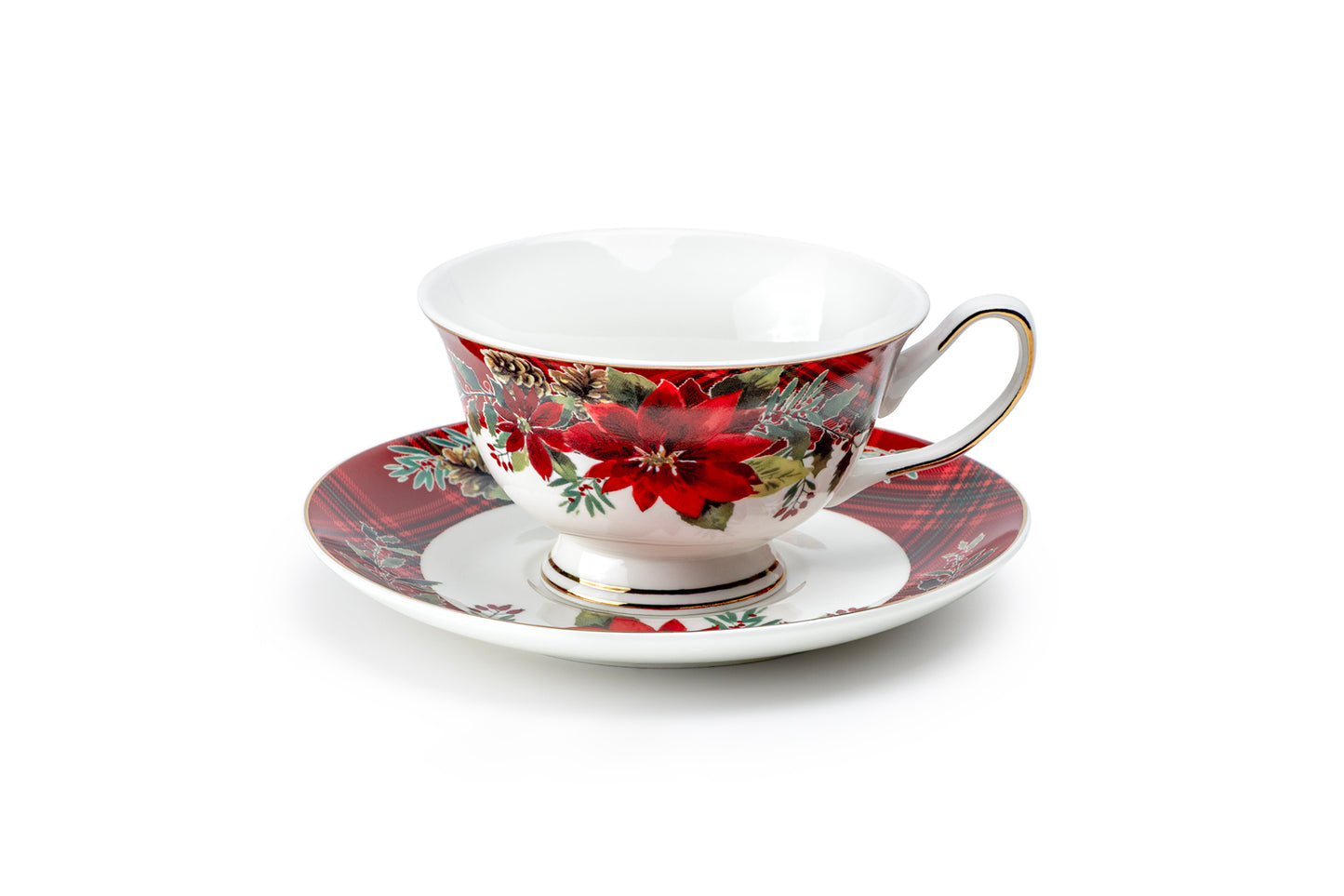 Poinsettia Pine Cone Fine Porcelain Tea Cup and Saucer