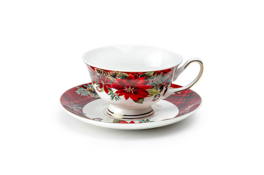 Poinsettia Pine Cone Fine Porcelain Tea Cup and Saucer