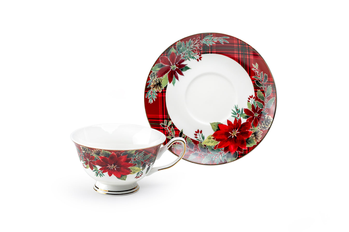 Poinsettia Pine Cone Fine Porcelain Tea Cup and Saucer