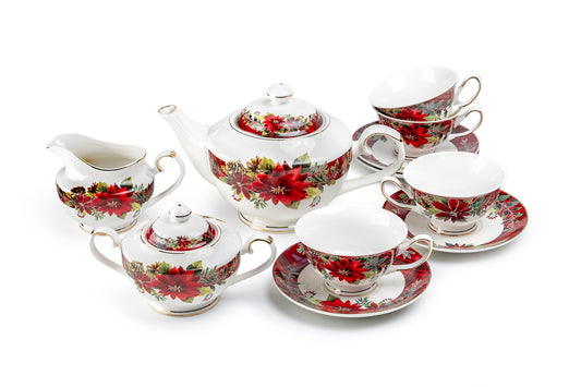 Poinsettia Pine Cone Fine Porcelain Tea Set