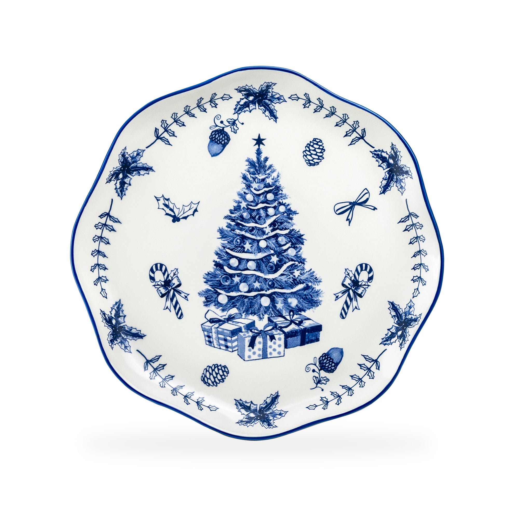 Potter's Studio Blue Holly Christmas Tree Dessert/Dinner Plate