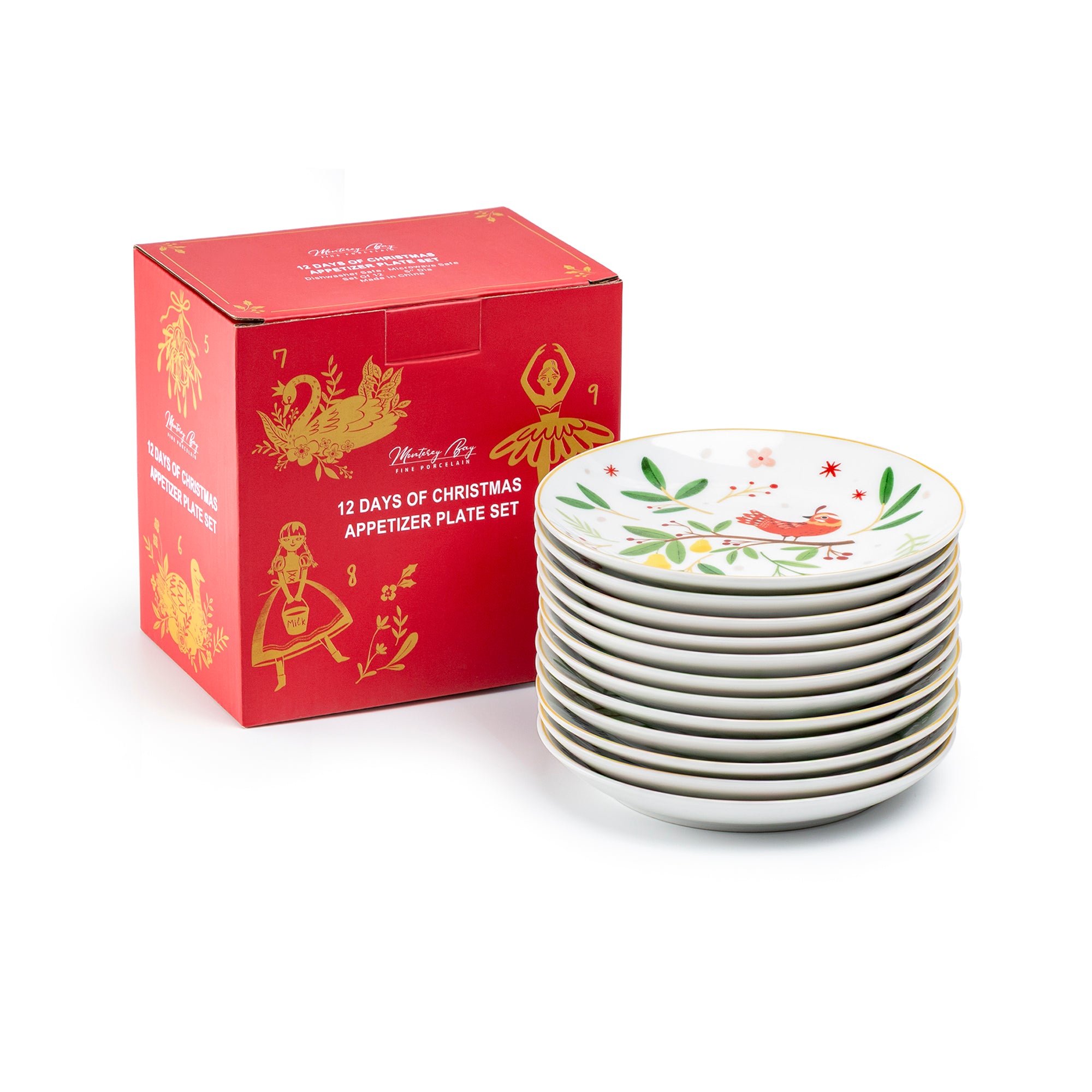 12 Days of Christmas Fine Porcelain Appetizer Plate Set - Gift Box