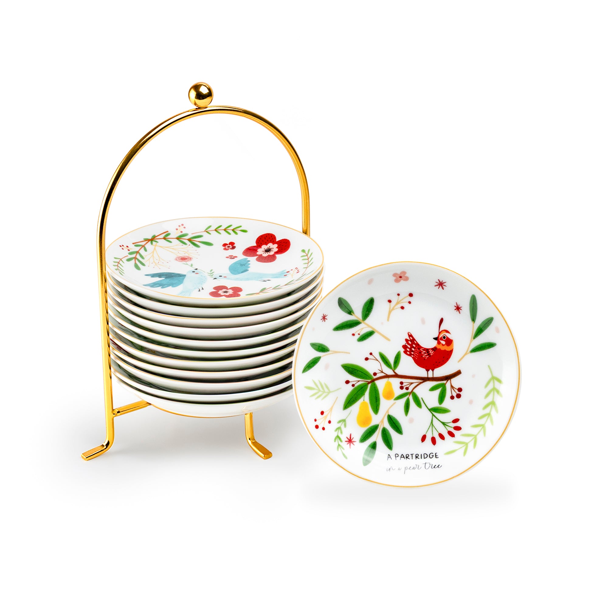 12 Days of Christmas Fine Porcelain Appetizer Plate Set - Metal