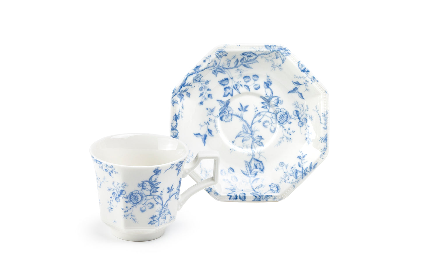 Blue Rose Octagonal Fine Porcelain Cup and Saucer