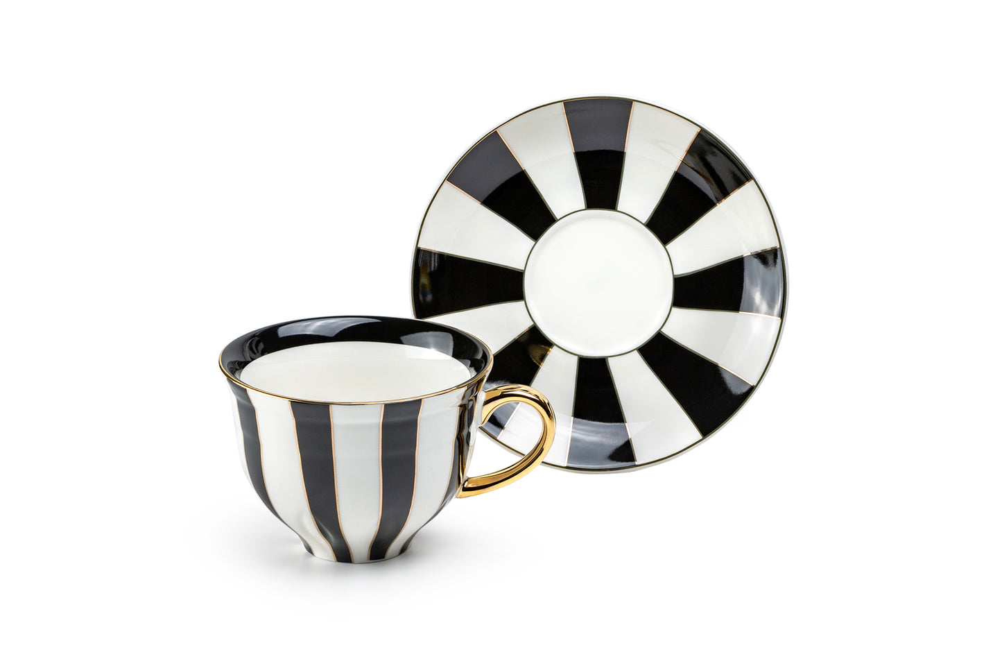 Black Carousel Stripes Fine Porcelain Cup and Saucer - 10oz