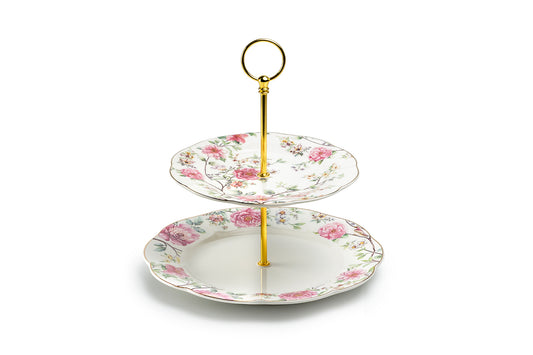 Pink Camellia Scallop Fine Porcelain 2-Tier Server