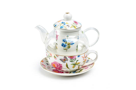 Butterfly Garden Glass and Fine Porcelain Tea For One Set
