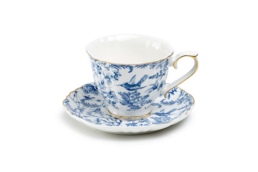 Blue Bird Toile Fine Porcelain Tea Cup and Saucer