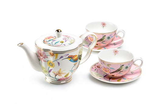 Spring Flowers with Hummingbird Fine Porcelain Pink Latte Cups 5-Piece Tea Set