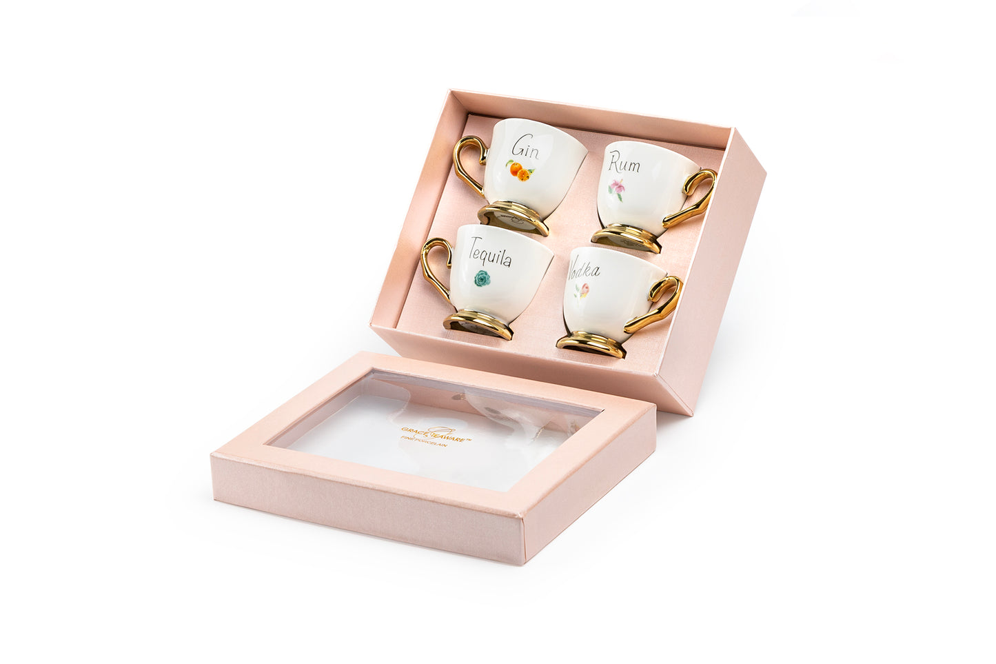 Golden Spirits Fine Porcelain 2oz Demitasse Cup Set with Pink Gift Box