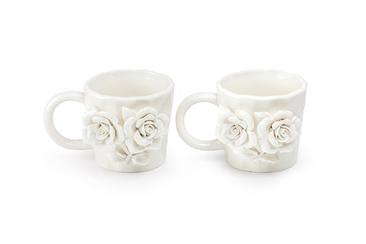 White Sculpted Rose Bouquet Fine Porcelain Mug Set of 2