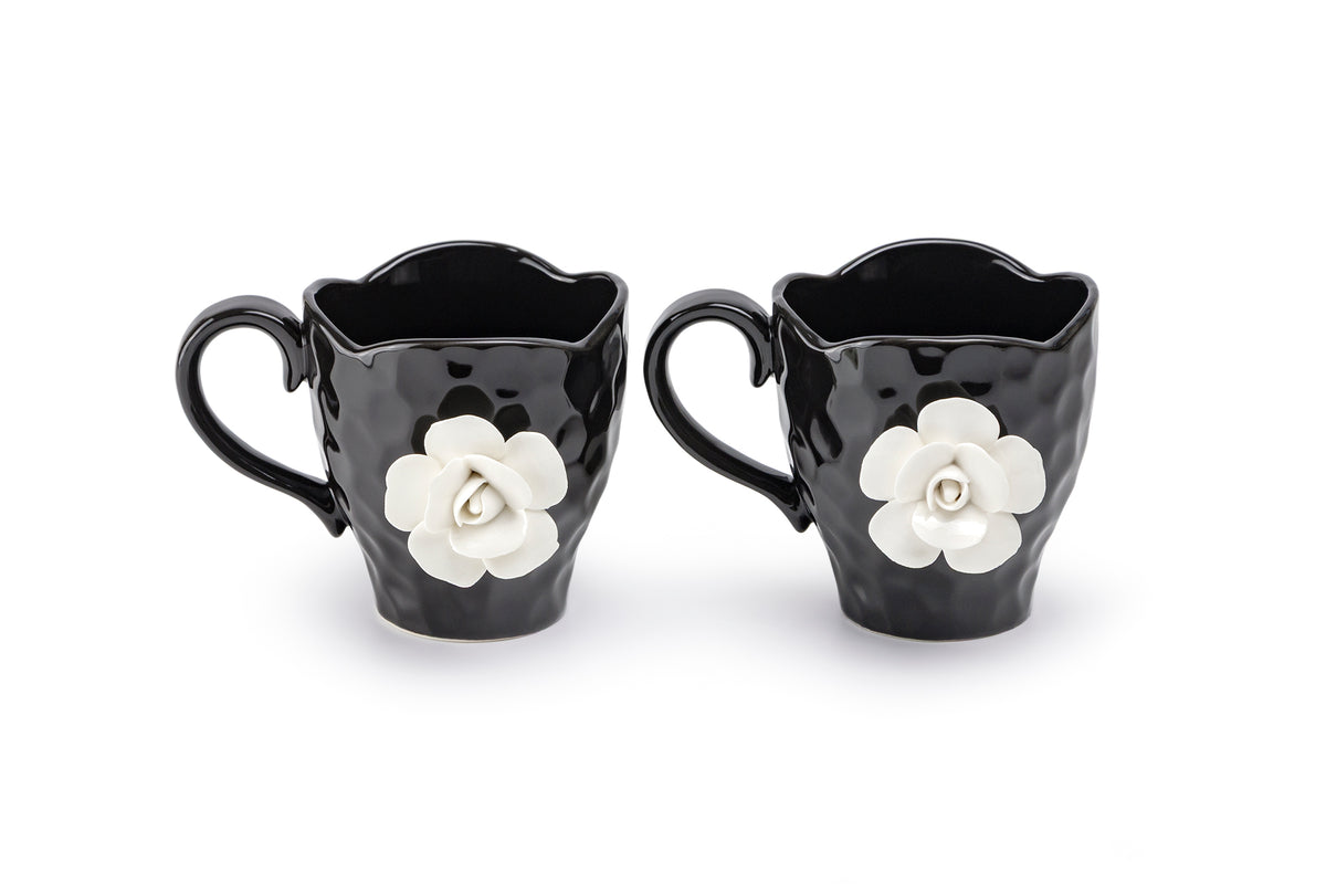 Black & White Sculpted Rose Textured Mug Set of 2