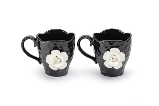 Black & White Sculpted Rose Textured Mug Set of 2