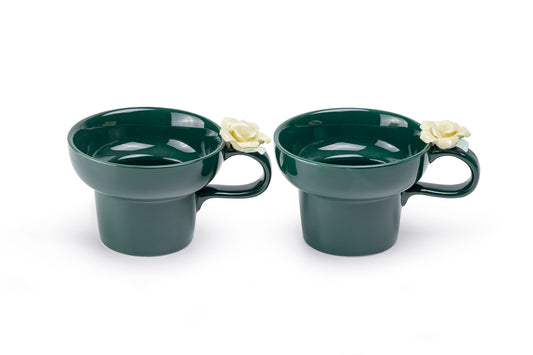 Emerald Green Yellow Sculpted Rose Fine Porcelain Mug Set of 2