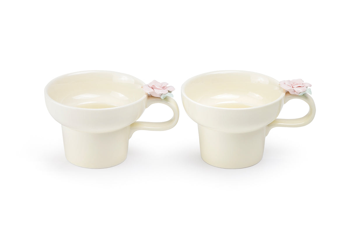 Ivory Pink Sculpted Rose Fine Porcelain Mug Set of 2