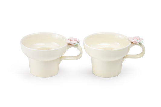Ivory Pink Sculpted Rose Fine Porcelain Mug Set of 2