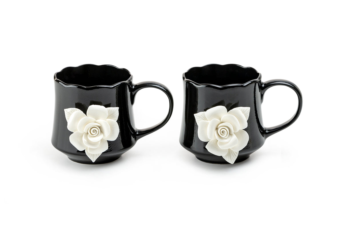 Black & White Sculpted Rose Fine Porcelain Mug Set of 2