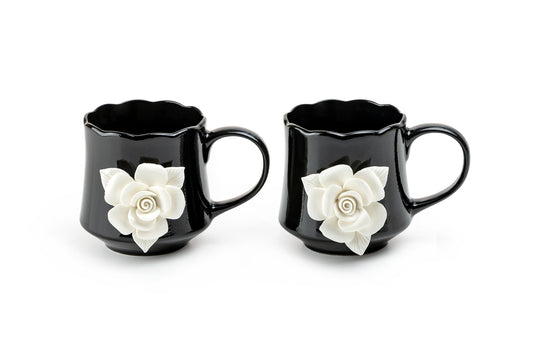 Black & White Sculpted Rose Fine Porcelain Mug Set of 2
