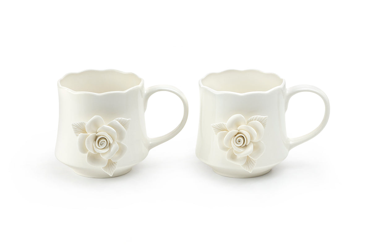 White Sculpted Rose Fine Porcelain Mug Set of 2