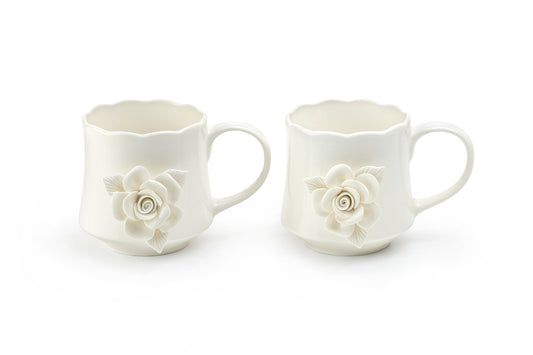 White Sculpted Rose Fine Porcelain Mug Set of 2