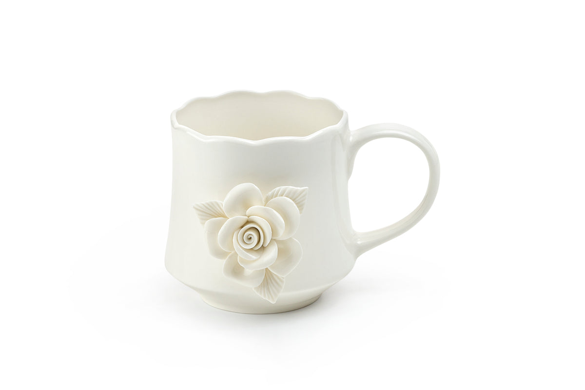 White Sculpted Rose Fine Porcelain Mug Set of 2