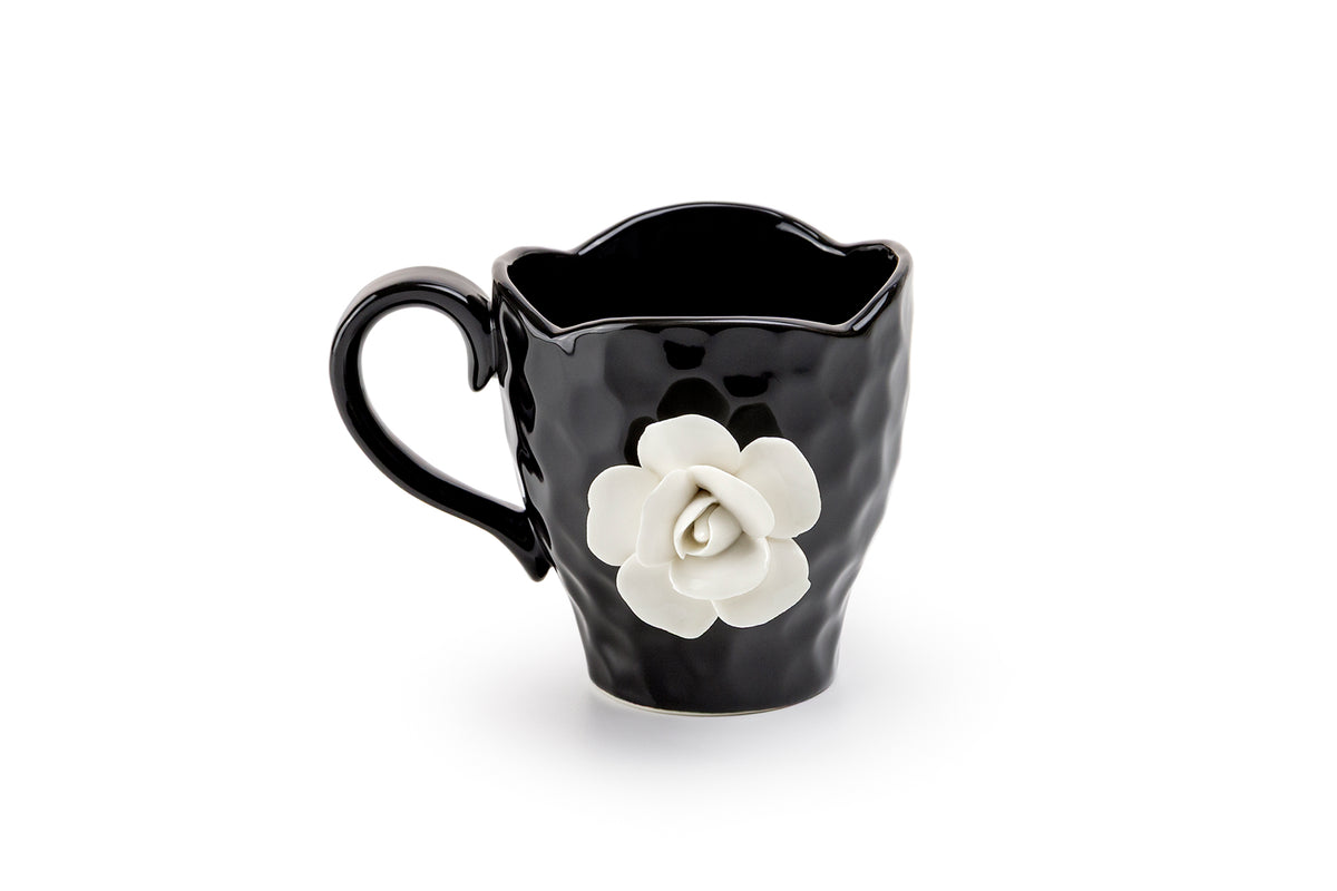 Black & White Sculpted Rose Textured Mug Set of 2