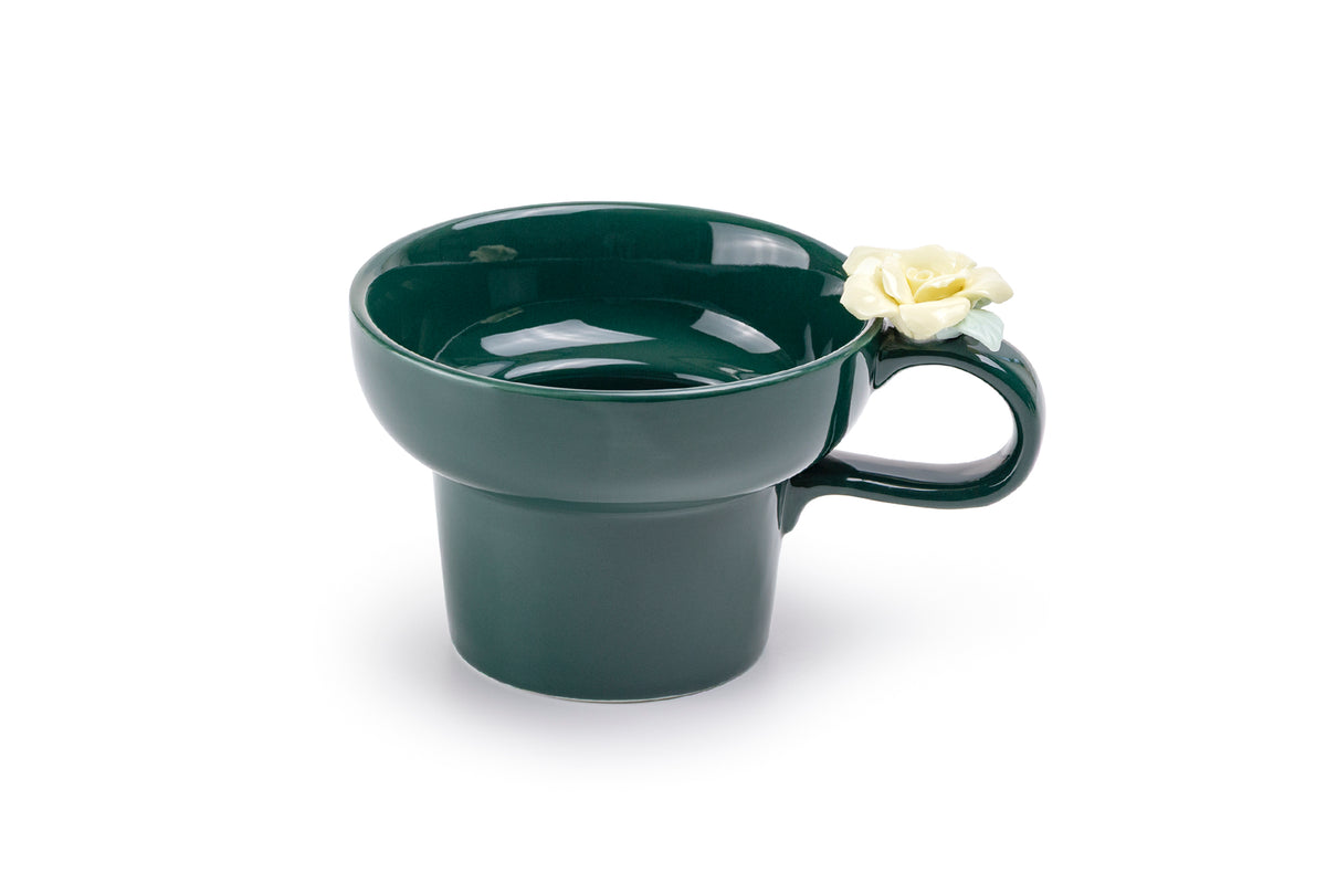 Emerald Green Yellow Sculpted Rose Fine Porcelain Mug Set of 2