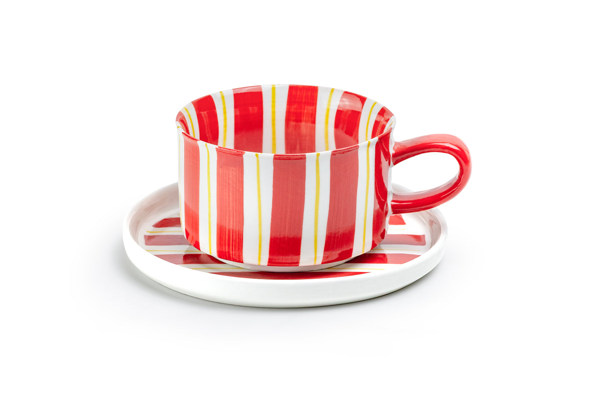 Red & Yellow Stripes Cup and Saucer - 11oz