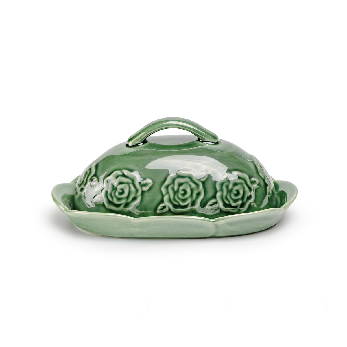 Green Embossed Rose Butter Dish