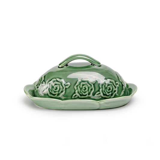 Green Embossed Rose Butter Dish