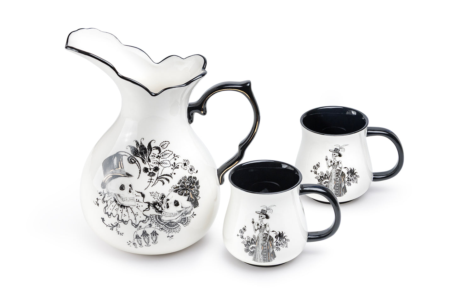 Halloween Victorian Skulls Pitcher + 2 Mugs Set