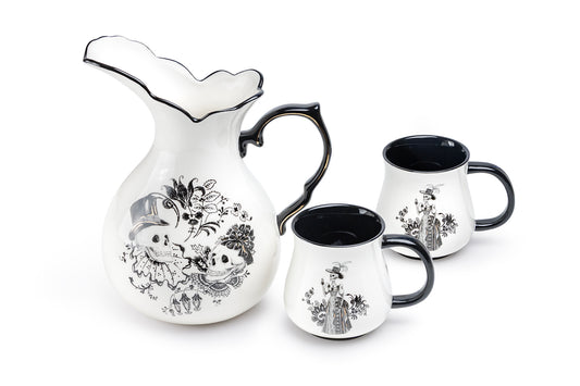 Halloween Victorian Skulls Pitcher + 2 Mugs Set