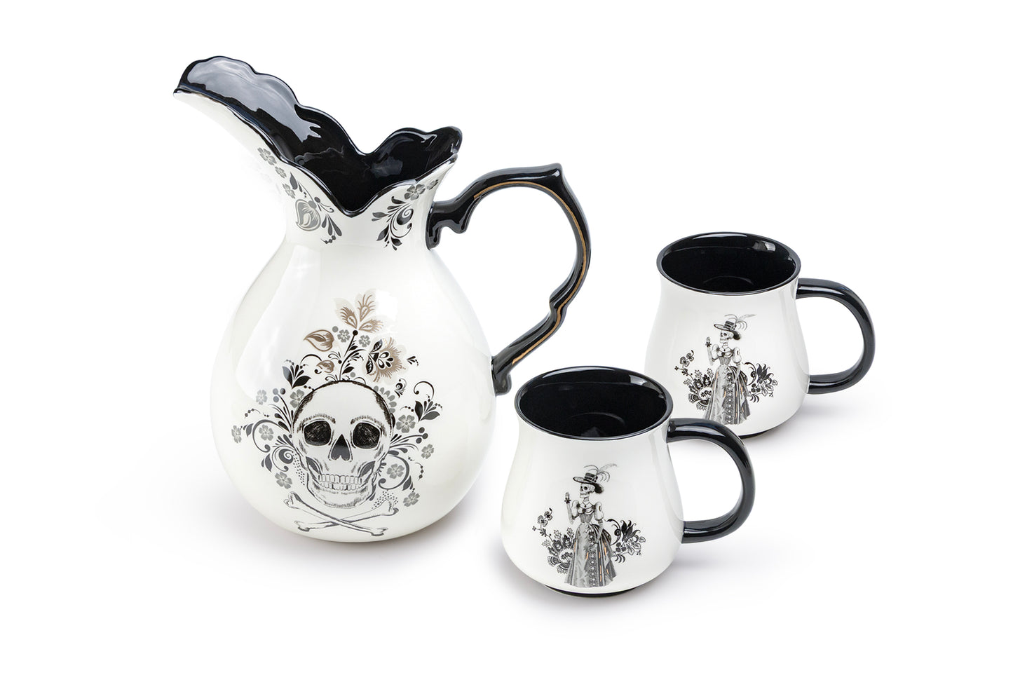 Halloween Skull Pitcher + 2 Victorian Skeletons Mugs Set