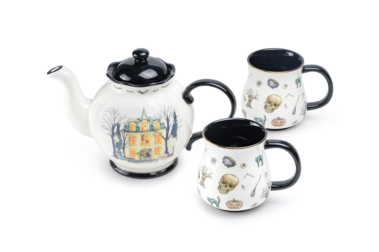 Halloween Haunted House Teapot + 2 Haunted Halloween Mugs Set
