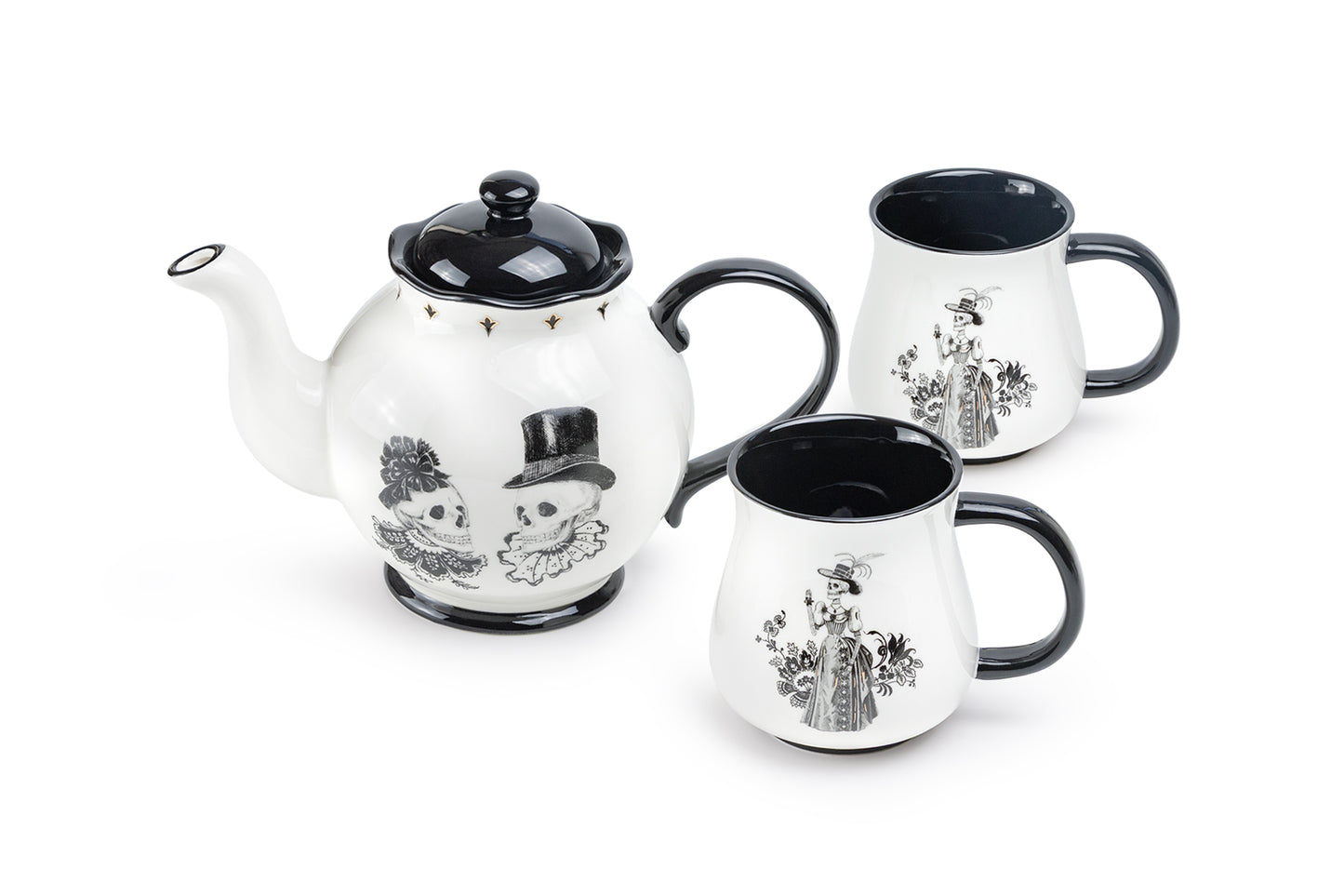 Halloween Victorian Skulls Teapot + 2 Mugs Set