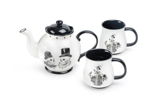 Halloween Victorian Skulls Teapot + 2 Mugs Set