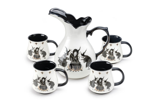 Halloween Witches Brew Pitcher + 4 Mugs Set