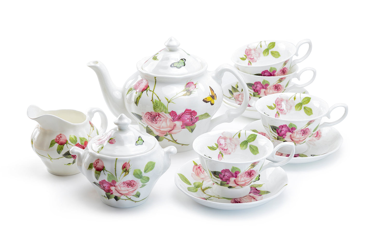 Stechcol Gracie Bone China Kensington Pink Rose Bone China 11-Piece Tea Set