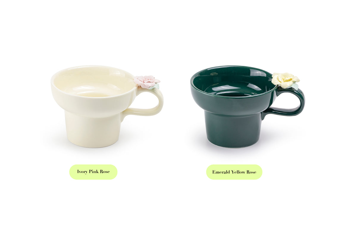 Ivory Pink Sculpted Rose Fine Porcelain Mug Set of 2