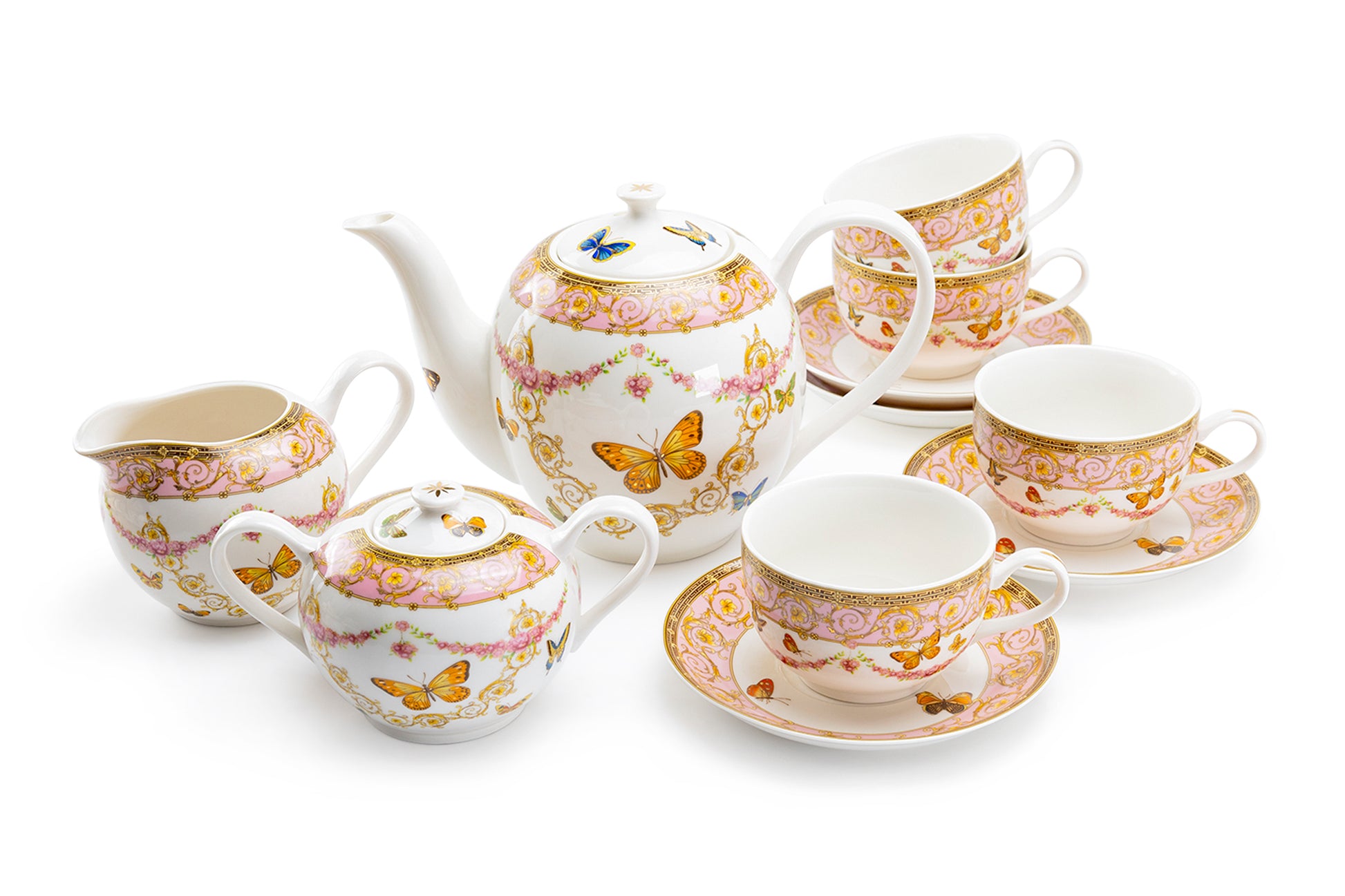 Grace Teaware Butterflies with Pink Ornament Fine Porcelain 11-Piece Tea Set