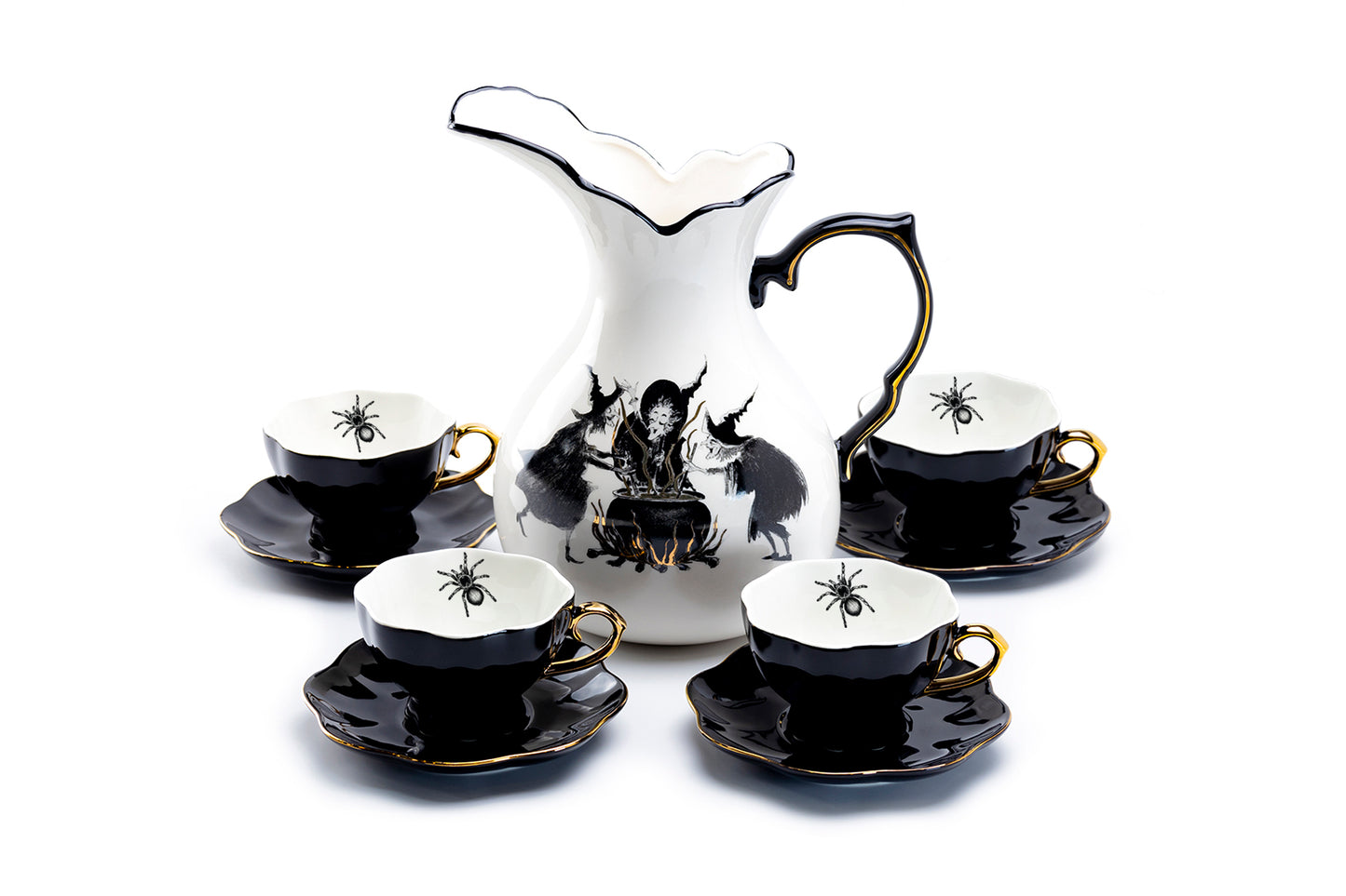 Potter's Studio Witches Brew Pitcher + 4 Black widow Spider Halloween Tea Cup and Saucer Sets