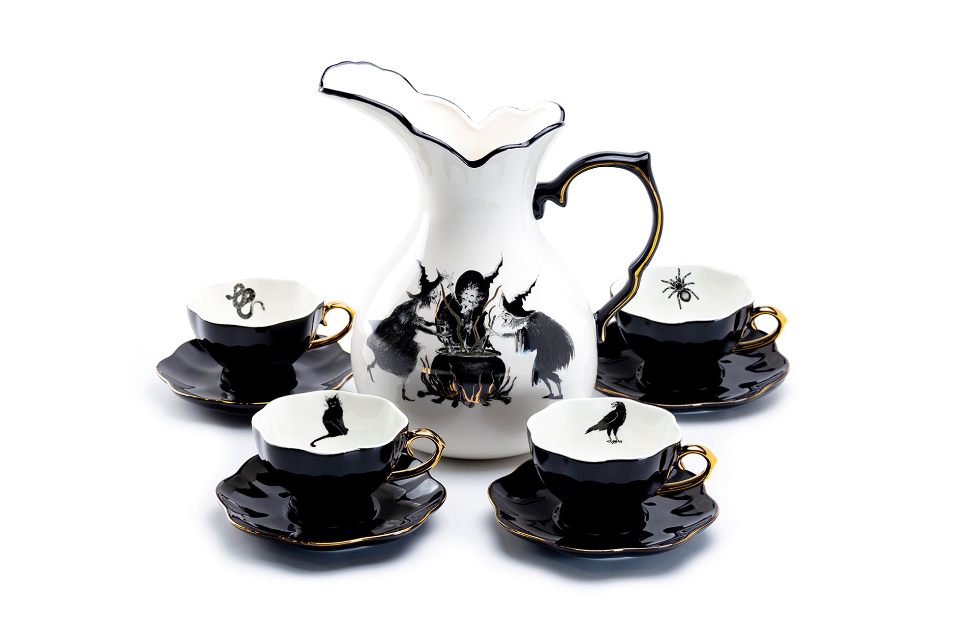Potter's Studio Witches Brew Pitcher + 4 Assorted Halloween Tea Cup and Saucer Sets - black cat, crow raven, snake, spider tea cups